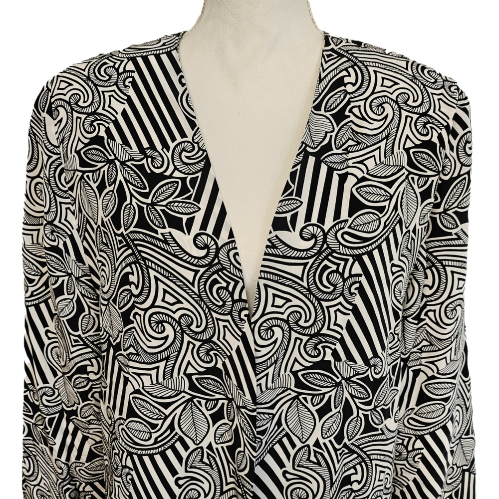 Vintage 80s Retro Silk‎ Studio Black & White 100% Silk Open Front Jacket Sz 16